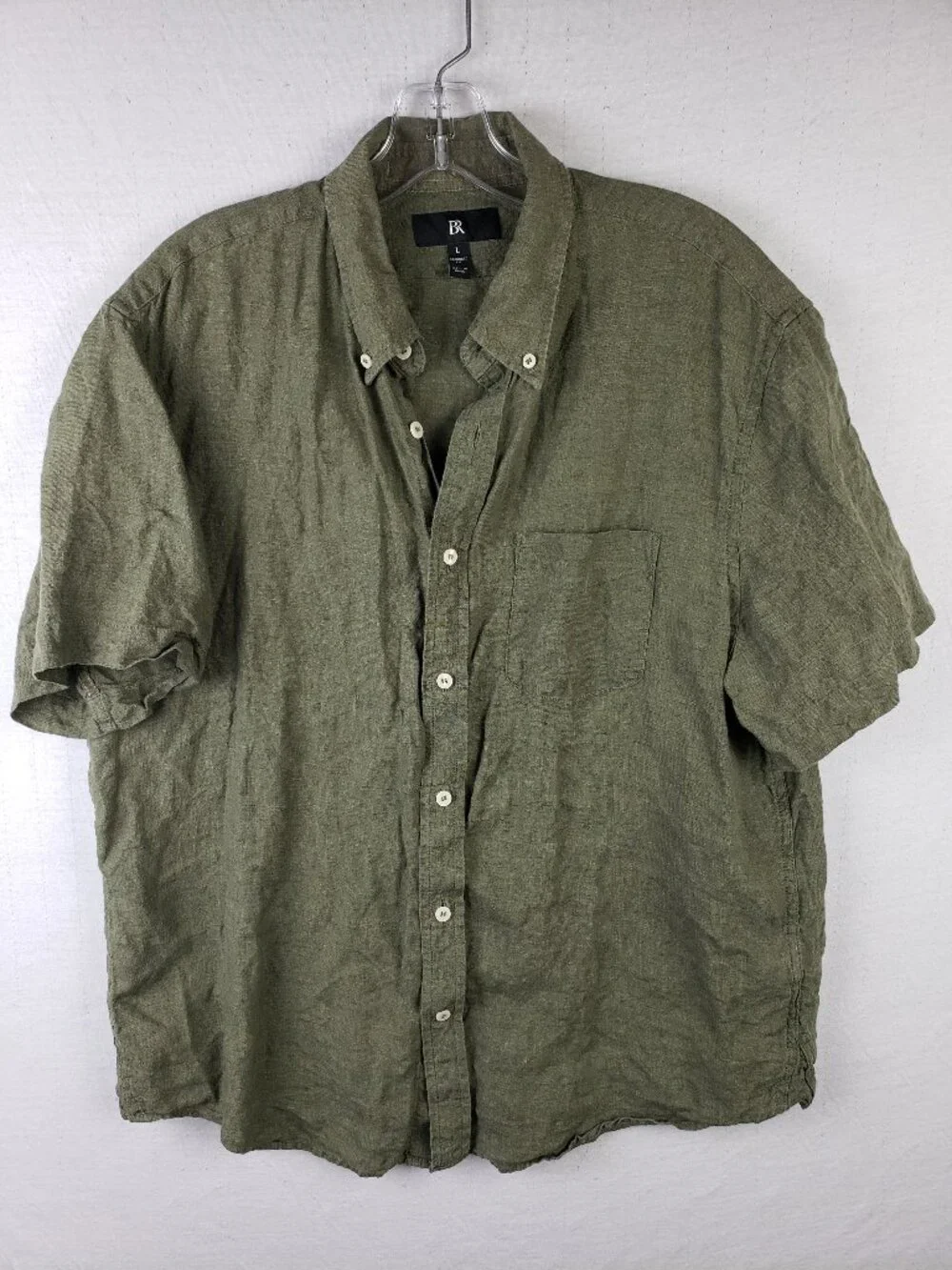 Banana Republic 100% Linen Shirt Button-Down Collar Olive Green Short Sleeve L